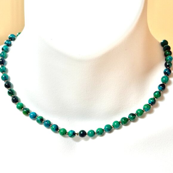 Teal Chrysocolla Short Necklace, Beaded Genuine Gemstone Adjustable Necklace - Picture 1 of 10